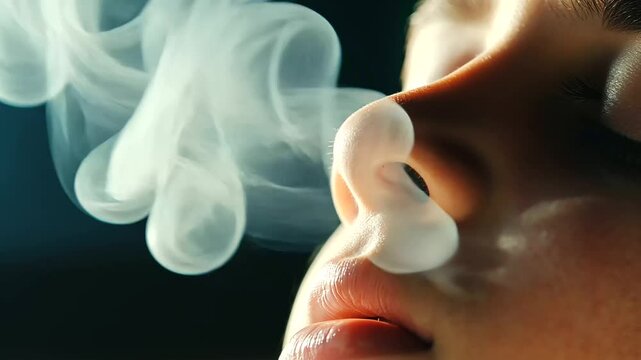 A close-up of a child's face, scrunching their nose in distress, surrounded by a hazy cloud of tobacco smoke, highlighting the dangers of secondhand exposure.