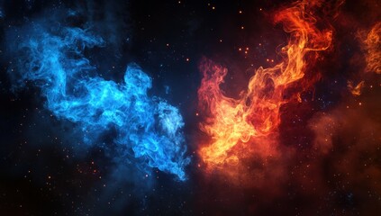 Obraz premium Two flowing plumes of colored smoke appear in the dark sky