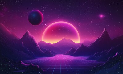 Futuristic neon sci-fi landscape with mountains and celestial bodies