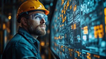 A warehouse worker in a hard hat and safety glasses examines real time logistics data on a large screen, responsible for managing inventory and distribution processes.