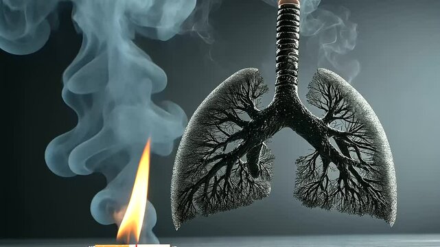 A detailed D rendering of human lungs where one lung appears blackened and deteriorating while a cigarette burns nearby, releasing more toxic smoke.