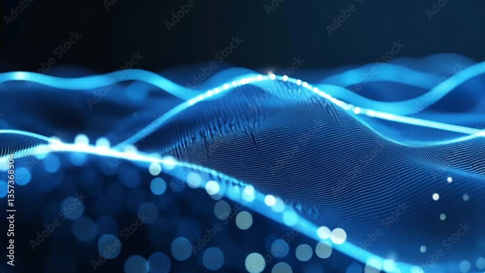 Poster abstract digital waves in blue light with glowing particles creating a dynamic flowing motion for mo