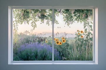 Serene Summer Sunrise View Through a Panoramic Window