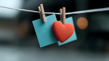 Close-up of Red Heart and Blue Note Hanging on Clothesline