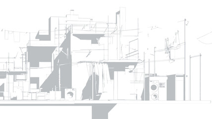 Fototapeta premium The image is a grayscale architectural sketch depicting a cluster of interconnected buildings. The style is linear, with varying line weights creating a sense of depth and volume. The buildings