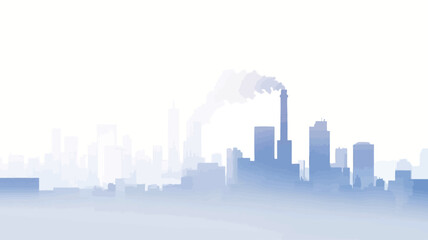 Naklejka premium The image depicts a hazy, distant view of an industrial cityscape. The skyline is obscured by a thick layer of fog or smog, giving it a soft, blurry appearance. A single industrial chimney is