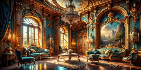 Obraz premium Surreal Baroque Interior: Opulent Gold & Twisted Furniture in a Dreamlike Palace