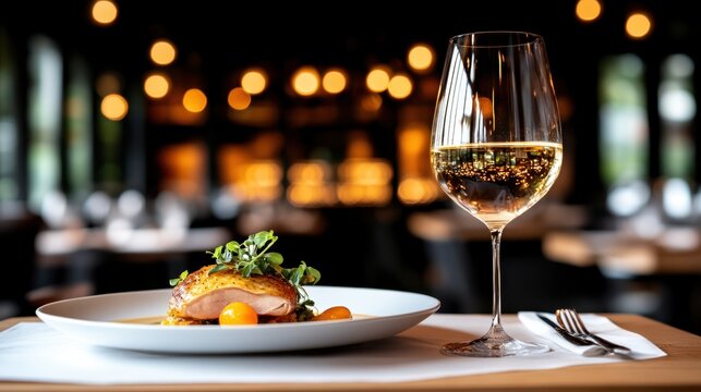 A cozy bistro setting with a plate of duck a lora elegant dining atmosphere featuring wine soft lighting and inviting decor for a delightful experience