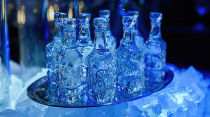 Premium vodka served on an ice sculpture platter, luxury Arctic theme