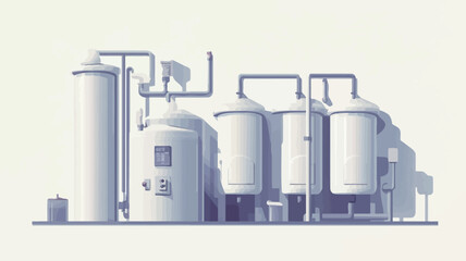 An illustration depicting an industrial plant. The image shows several large cylindrical tanks connected by a network of pipes. The tanks are light grey or silver, suggesting metal construction.