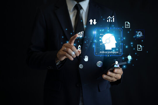 Businessman using generative ai overview for project managers fund invetment and data analysis.