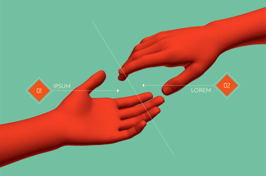 Hands reaching towards each other. Concept of human relation, togetherness or  partnership. 3D vector illustration. Design for banner, flyer, poster, cover or brochure.