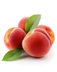 Ripe peaches with vibrant colors and fresh green leaves on a white background creating a summer mood and healthy eating concept