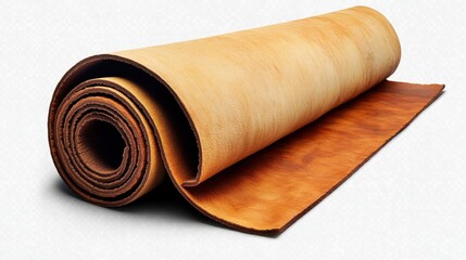 A neatly rolled yoga mat with a minimalist texture, resting slightly open, on a transparent background