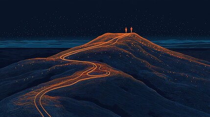 Nighttime mountain landscape in deep blue tones with glowing orange lines tracing paths and two figures standing on the peak, evoking a sense of adventure and exploration.