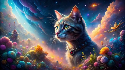 Surreal Cat Portrait: Clipped Ear, Dreamlike Landscape, Magical Atmosphere