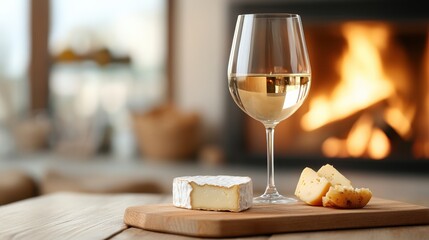 A cozy winter wine and cheese tasting by a firepl with a glass of red wine and a plate of assorted gourmet cheeses on a rustic wooden board