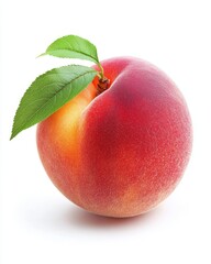 Fresh Peach with Green Leaves on White Background Close Up Studio Shot of Ripe Summer Fruit