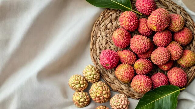 Flat lay of fresh lychee fruits on linen, Vietnam Reunification Day.