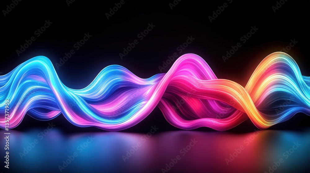 Poster vibrant neon ribbons of light intertwine and flow in a wave-like pattern against a stark black backg