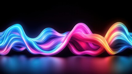 Vibrant neon ribbons of light intertwine and flow in a wave-like pattern against a stark black background reflecting dynamic abstract composition