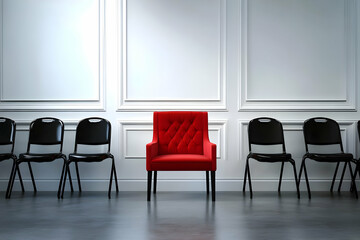 A striking red chair stands alone, contrasting against a row of black chairs in an elegant, minimalist waiting area.