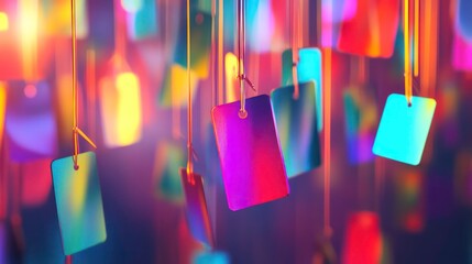 Colorful tags hanging, vibrant, blurred background, possible use for design inspiration or advertisement