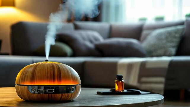 Relaxing atmosphere created by an essential oil diffuser in a modern living room with cozy decor during the evening