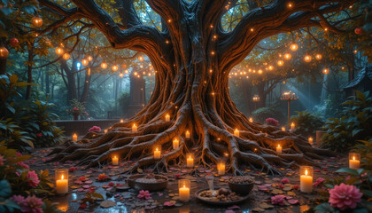 majestic tree with intricate roots stands serene setting, adorned with glowing lanterns and surrounded by candles, flowers, and decorative bowls. atmosphere is enchanting and tranquil