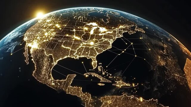 Aerial View of Earth at Night with Illuminated Cities and Landmasses, Highlighting Global Connectivity and Urban Development in North America and Asia