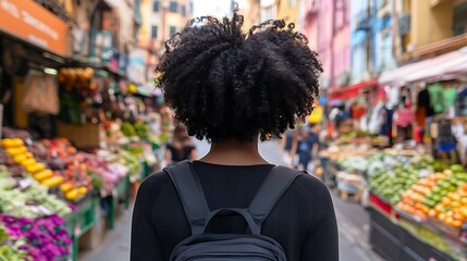 Woman with backpack exploring vibrant marketplace.