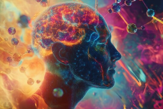 A human profile showcasing a vibrant abstract representation of the brain