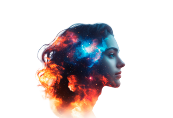 Portrait of a woman blending with vibrant galaxy and nebula elements isolated on transparent background