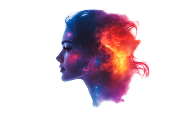 Woman silhouette with vibrant colors showcasing a dreamlike universe isolated on transparent background