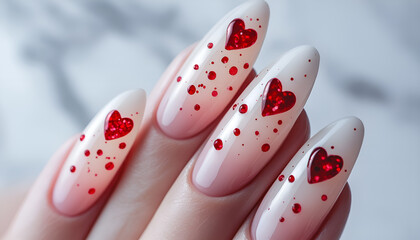 Womans Nails Painted With Hearts. Close-up view of a womans nails adorned with heart designs, showcasing intricate nail art