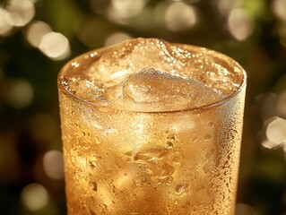 Glass of drink with ice cubes, featuring water droplets on the surface, suggesting a cold and refreshing beverage.