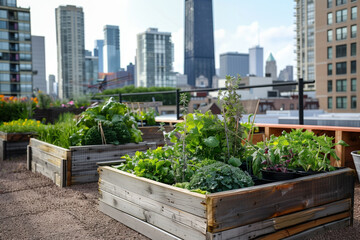 Fototapeta premium Rooftop garden with lush plants overlooking city skyline 