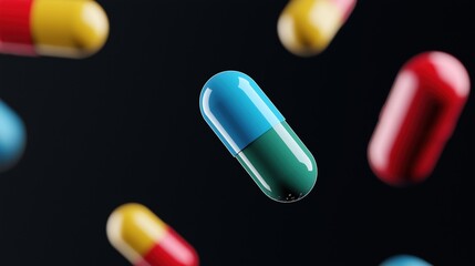Colorful Capsule Pills Floating on a Black Background – Close-Up Photography