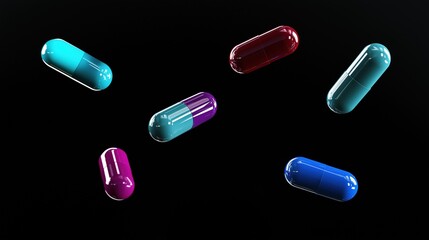 Colorful Capsule Pills Floating on a Black Background – 3D Render