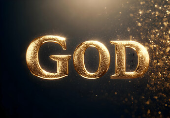 A stunning golden representation of the word 'God', radiant with light and surrounded by sparkling particles, evoking spirituality.