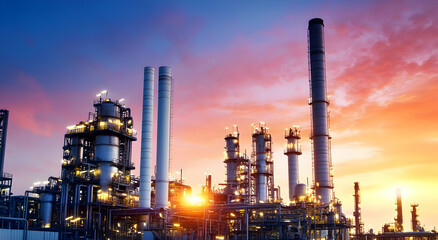 Obraz premium A stunning image of an industrial plant at sunset, showcasing towering smokestacks and vibrant colors in the sky.