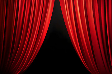 A stunning image of luxurious red curtains pulled apart, revealing a mysterious black backdrop, perfect for dramatic scenes.