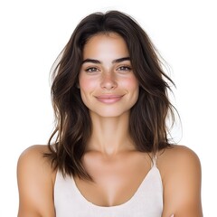 Woman smiling, studio portrait, white background, beauty headshot