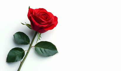 Fototapeta premium A stunning red rose with lush green leaves, symbolizing love and beauty, perfect for romantic occasions and floral arrangements.