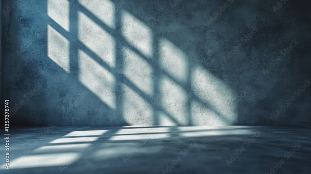 Poster sunlight streaming through window casting intricate grid patterns of shadows over dark concrete wall
