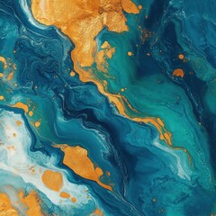 Fototapeta premium Abstract fluid art in teal and gold with captivating swirls and shimmering textures for elegant design projects