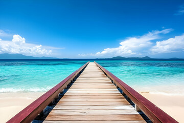 Fototapeta premium A stunning view of a wooden pier leading into crystal clear waters under a bright blue sky, perfect for tropical getaway imagery.