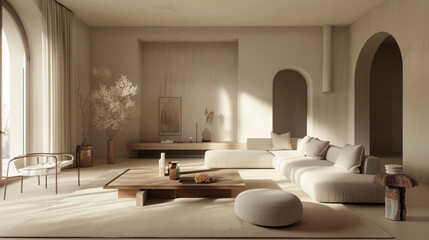 Simple and serene living room with neutral tones, functional furniture, and subtle decorative accents