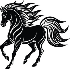 Obraz premium Dramatic Black Horse Silhouette with Dynamic Mane and Galloping Pose