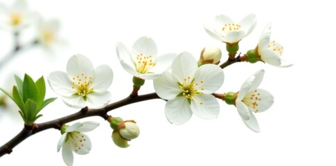 Fototapeta premium Blooming pear tree flowers on twig isolated on white background, white background, blossom